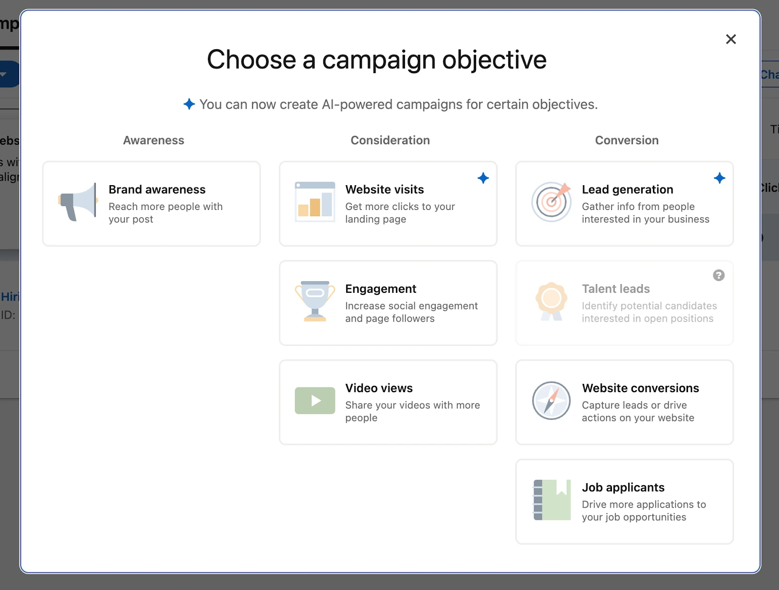 LinkedIn ad objectives selection screen