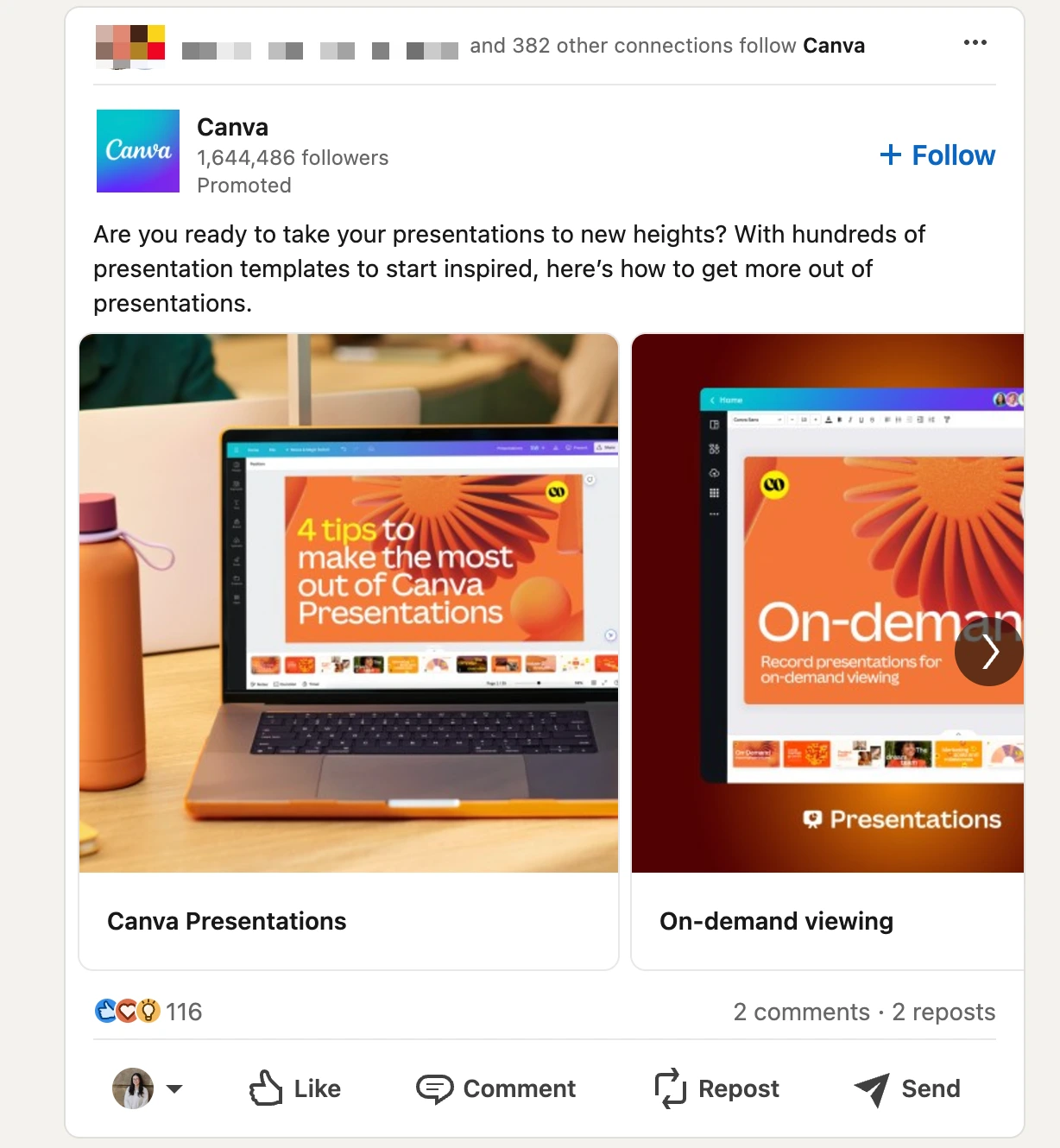 Example of LinkedIn sponsored content from Canva