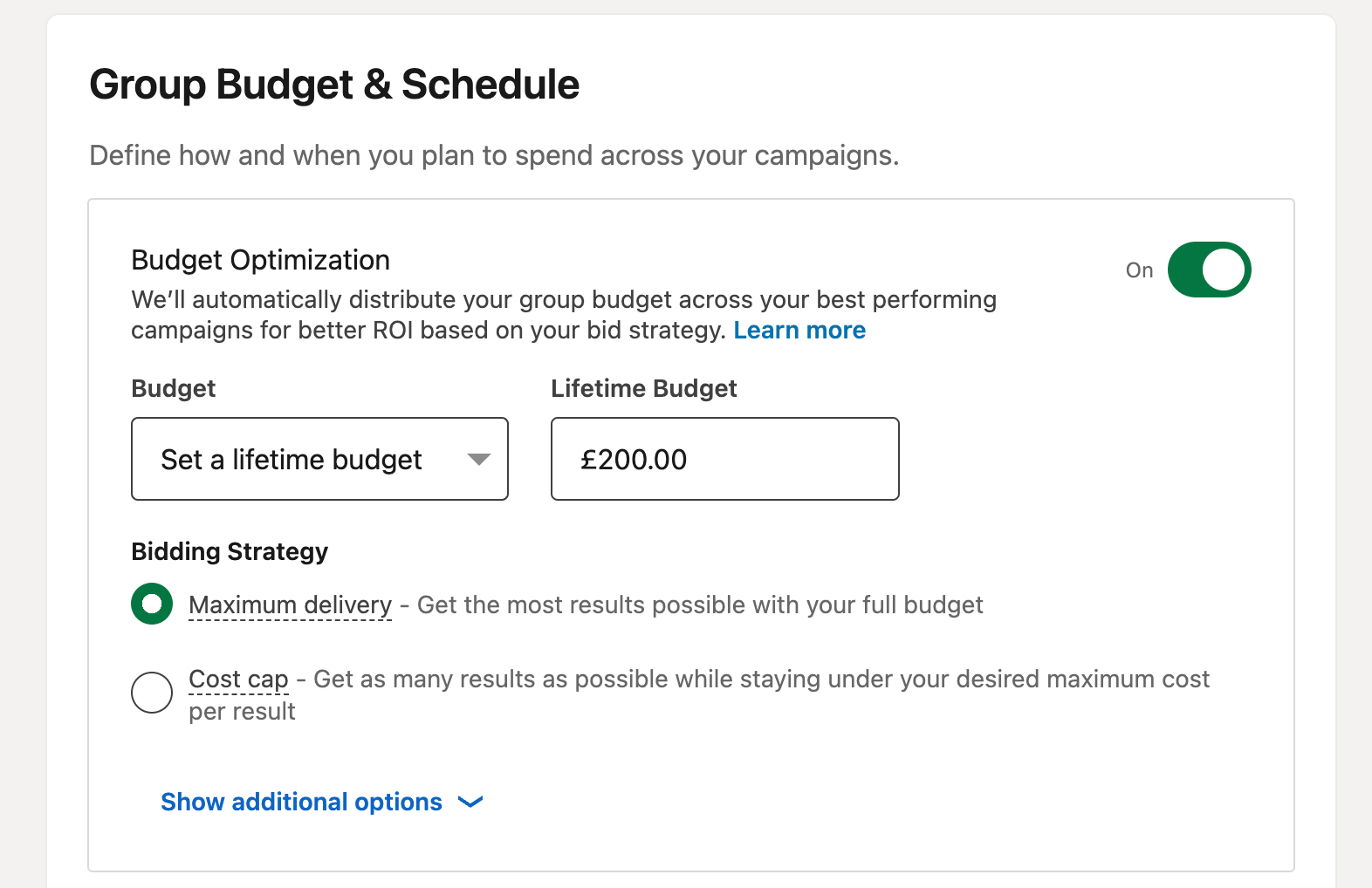 LinkedIn ad budget setup screen
