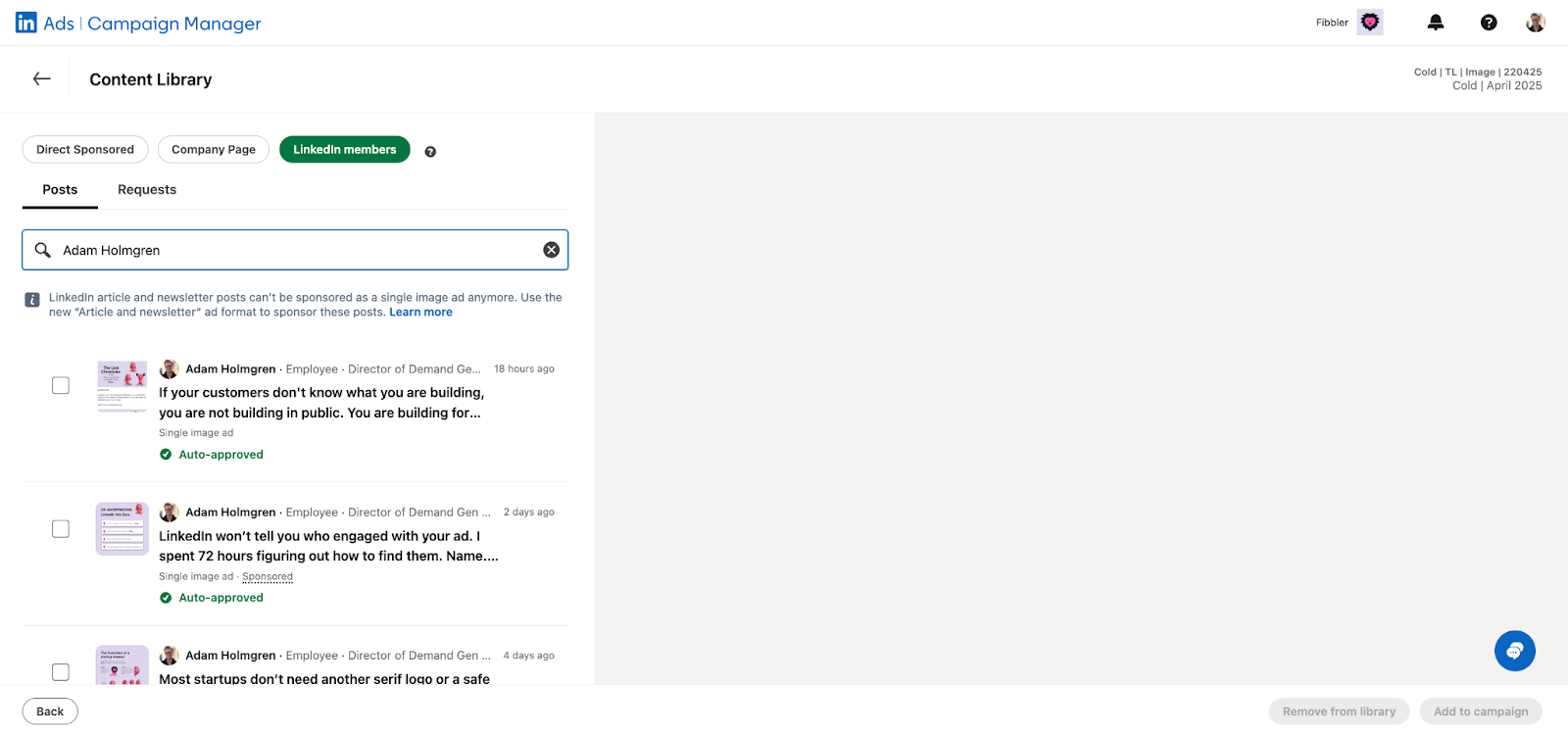 LinkedIn content library interface for selecting posts