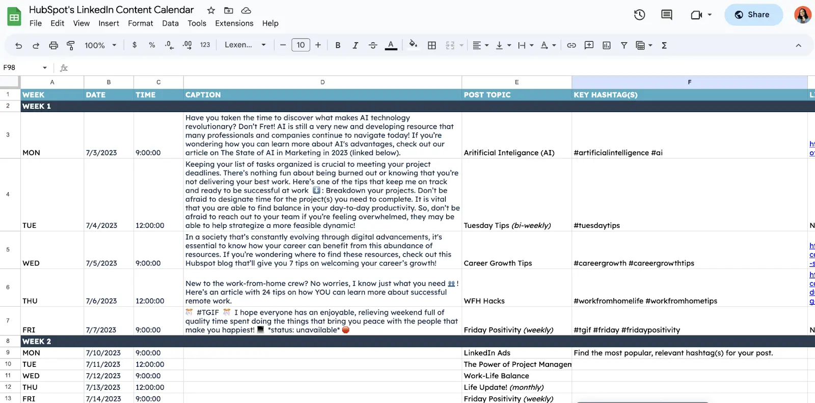LinkedIn content calendar example
