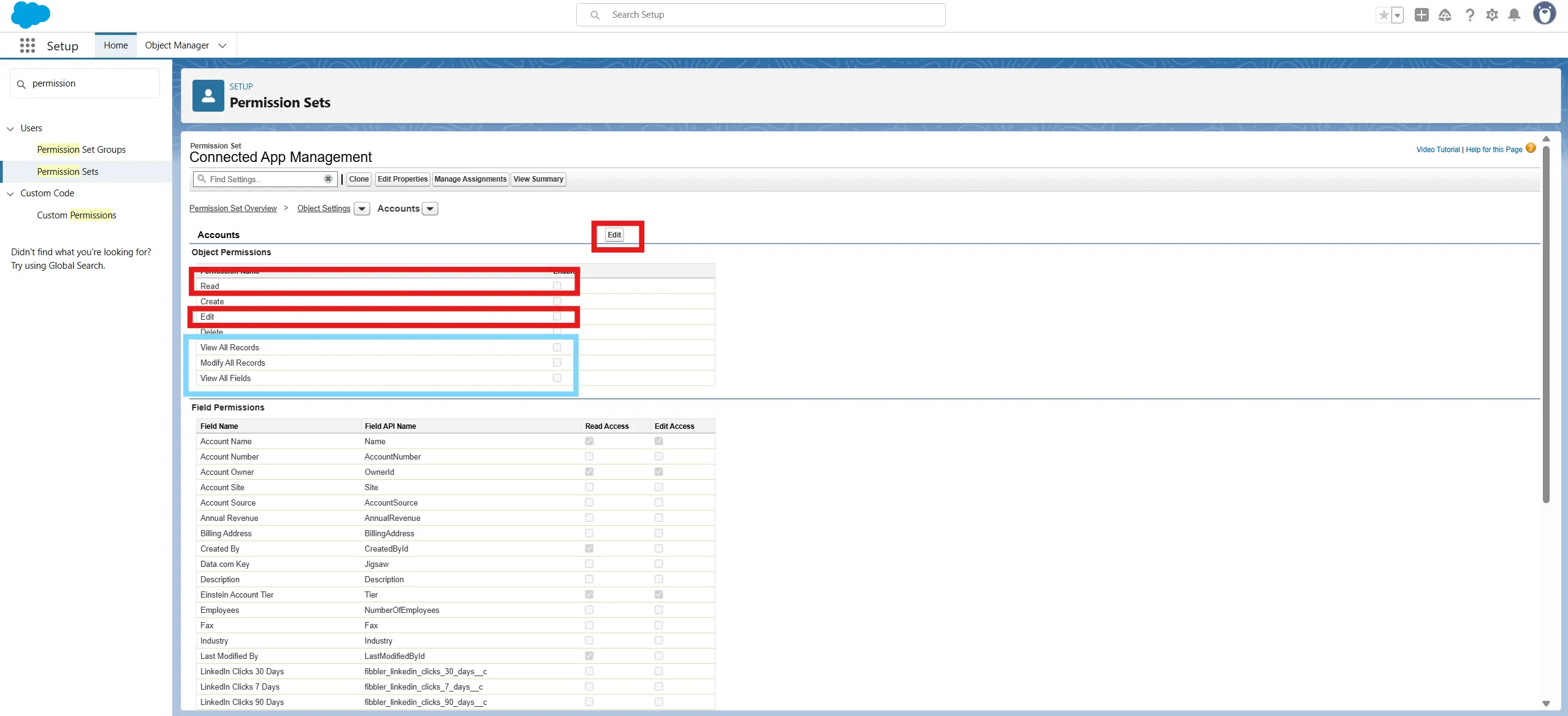 Account permissions Read and Edit