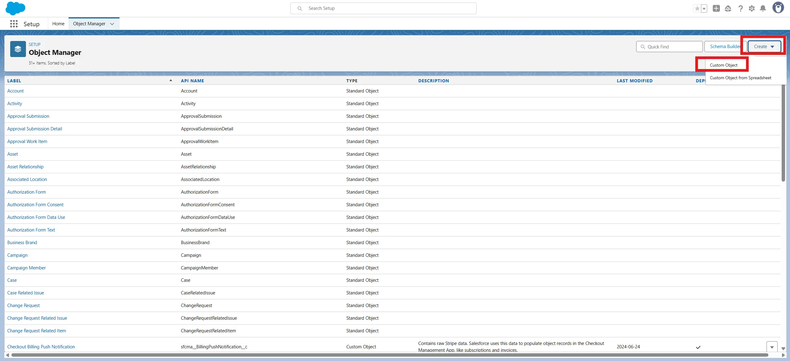 Create Custom Object button