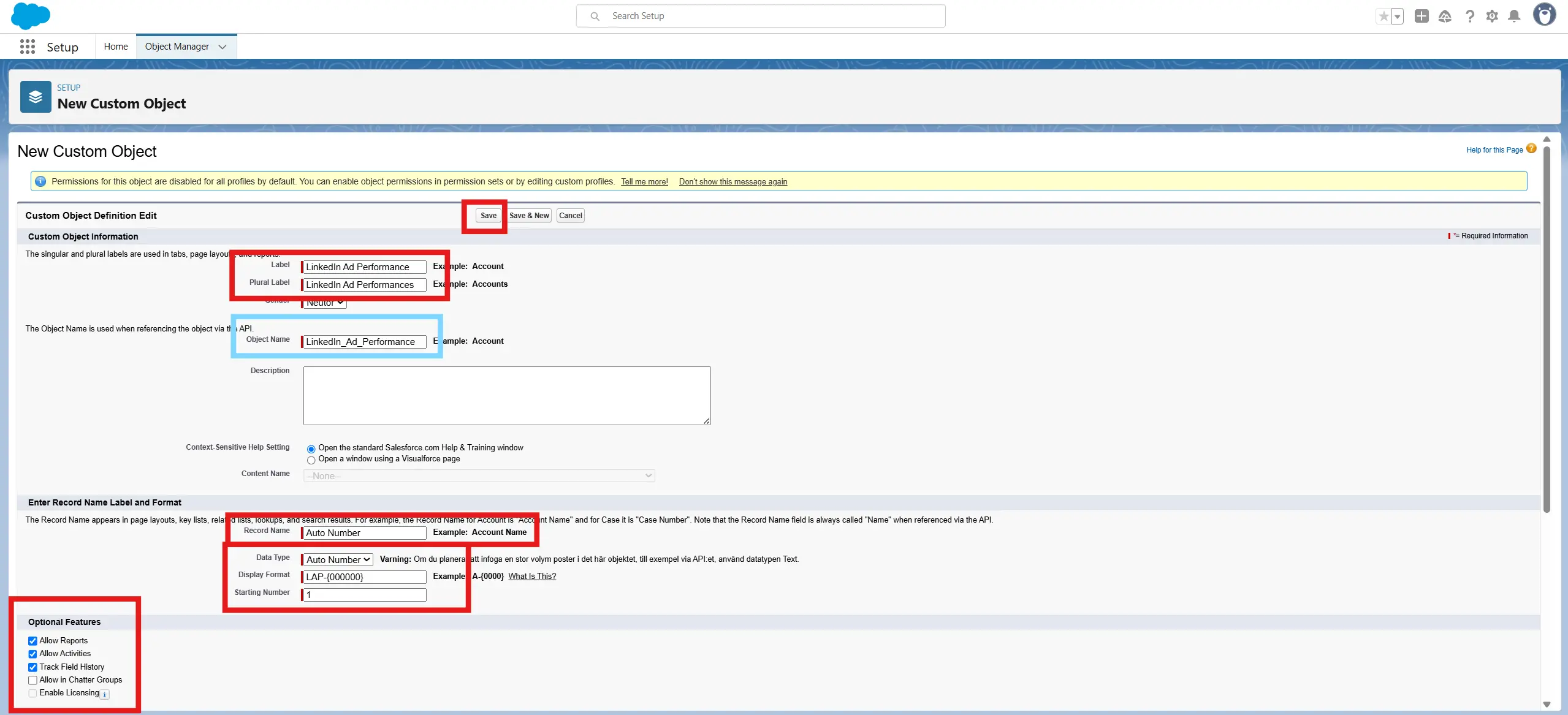 Saving custom object settings