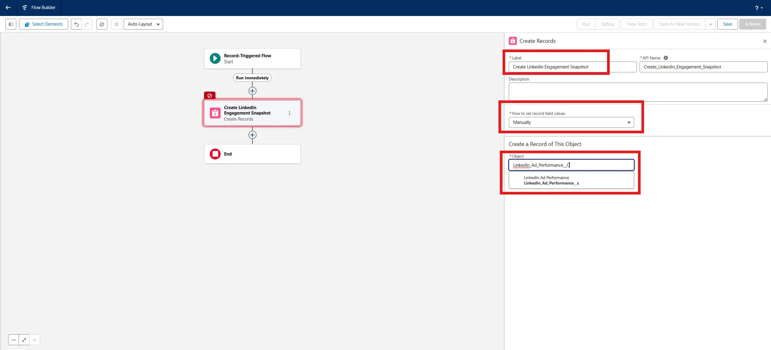 Custom object LinkedIn_Ad_Performance selection