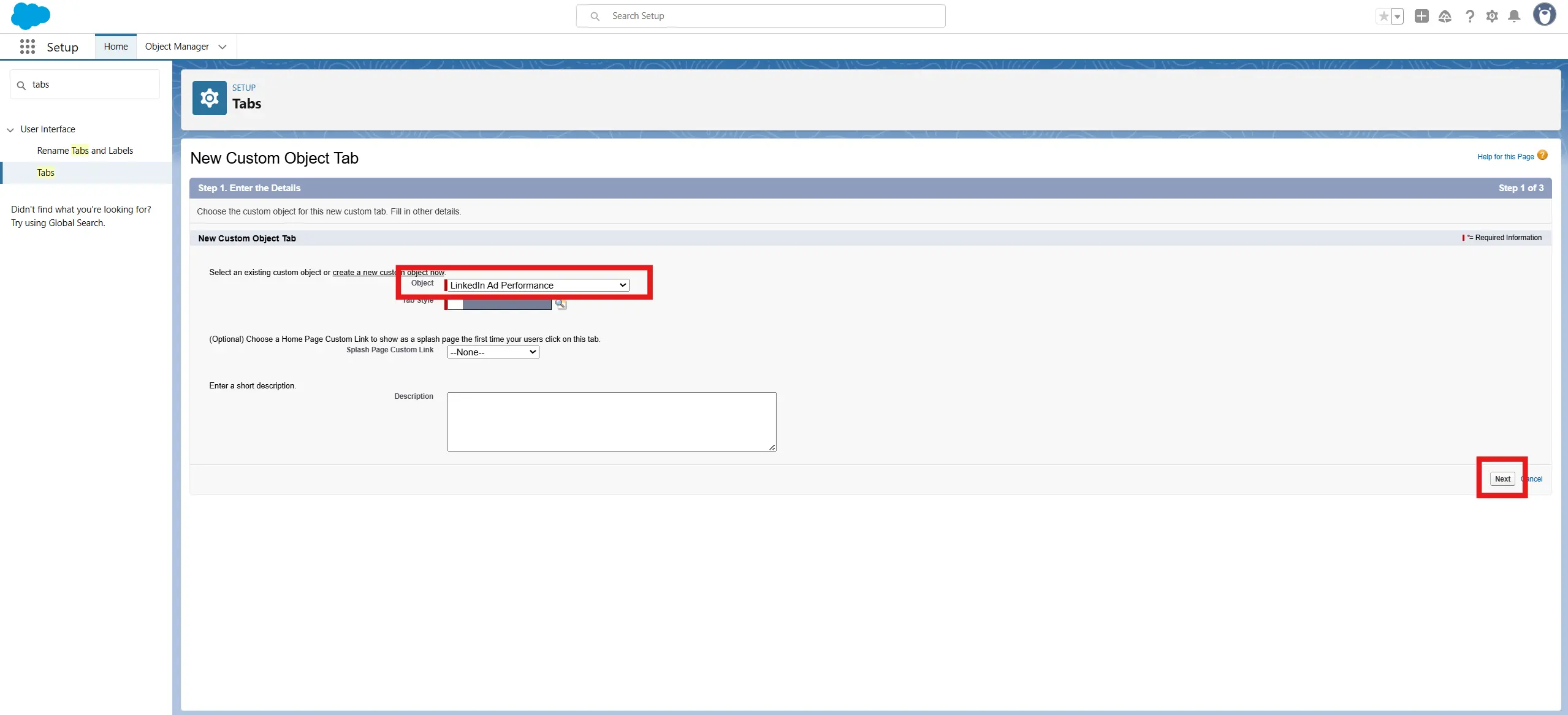 Custom object tab selection and configuration