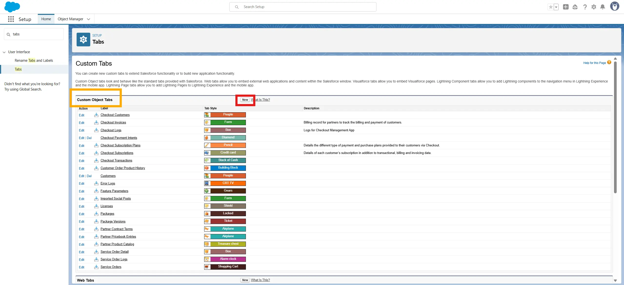 Custom Object Tabs New button