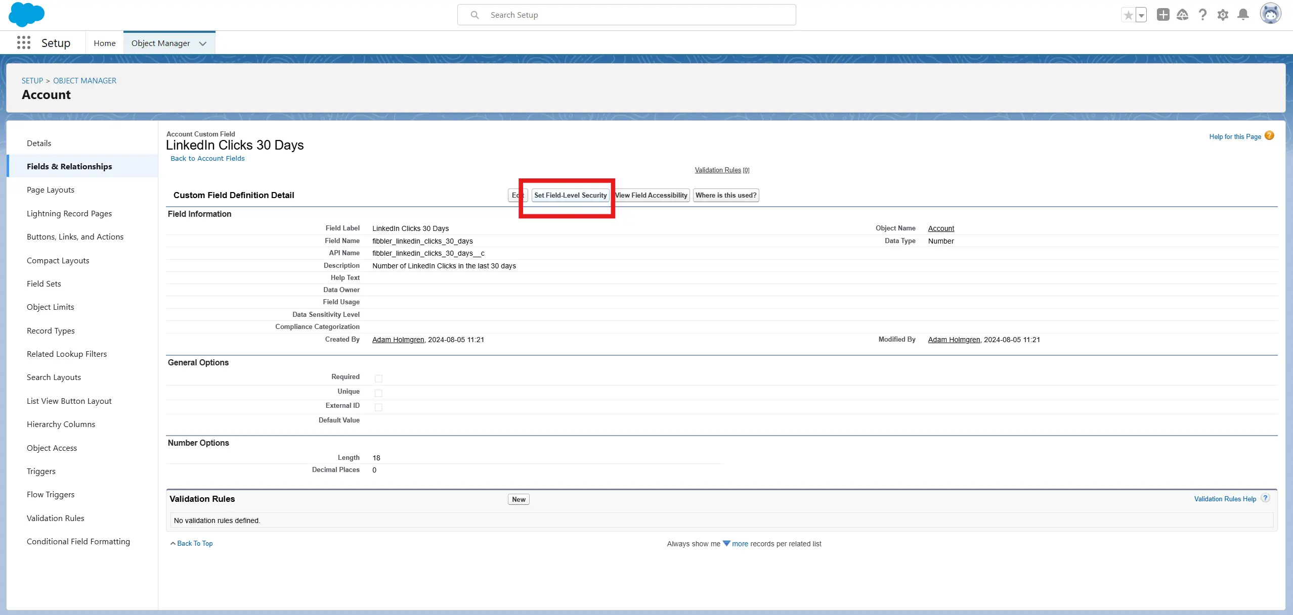 Field security Read and Edit access settings