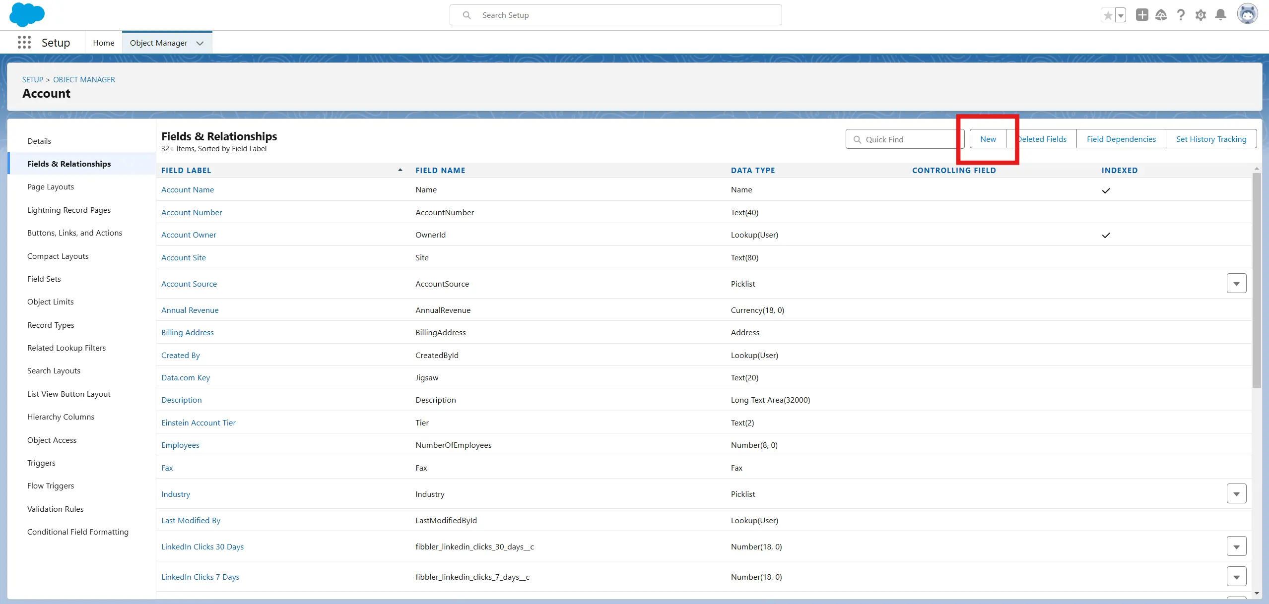 New field button in Fields and Relationships