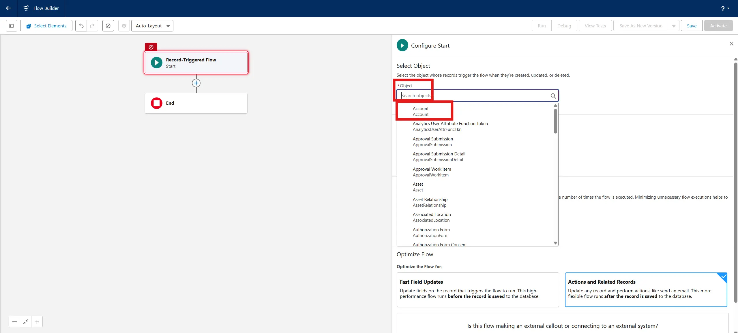 Flow Object Account selection