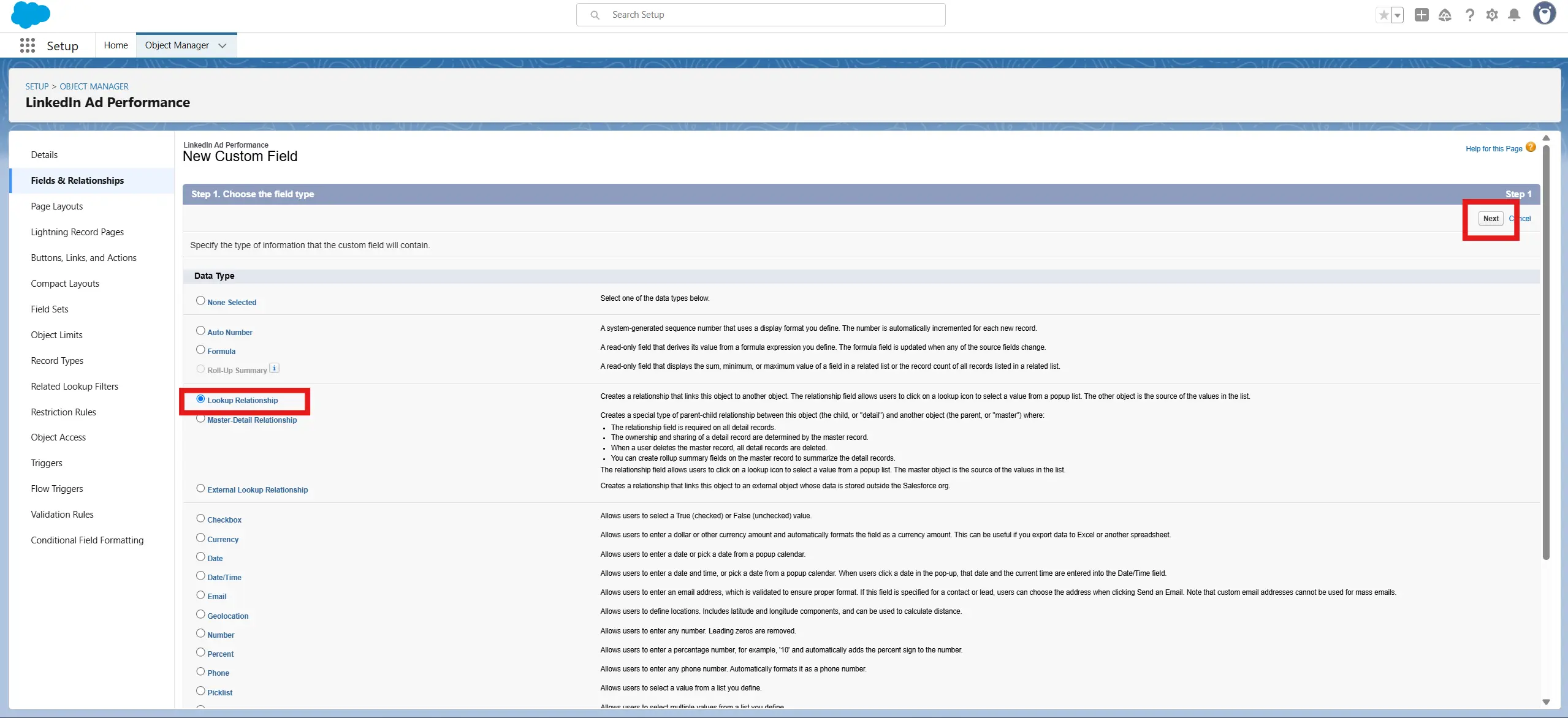 Lookup relationship field creation