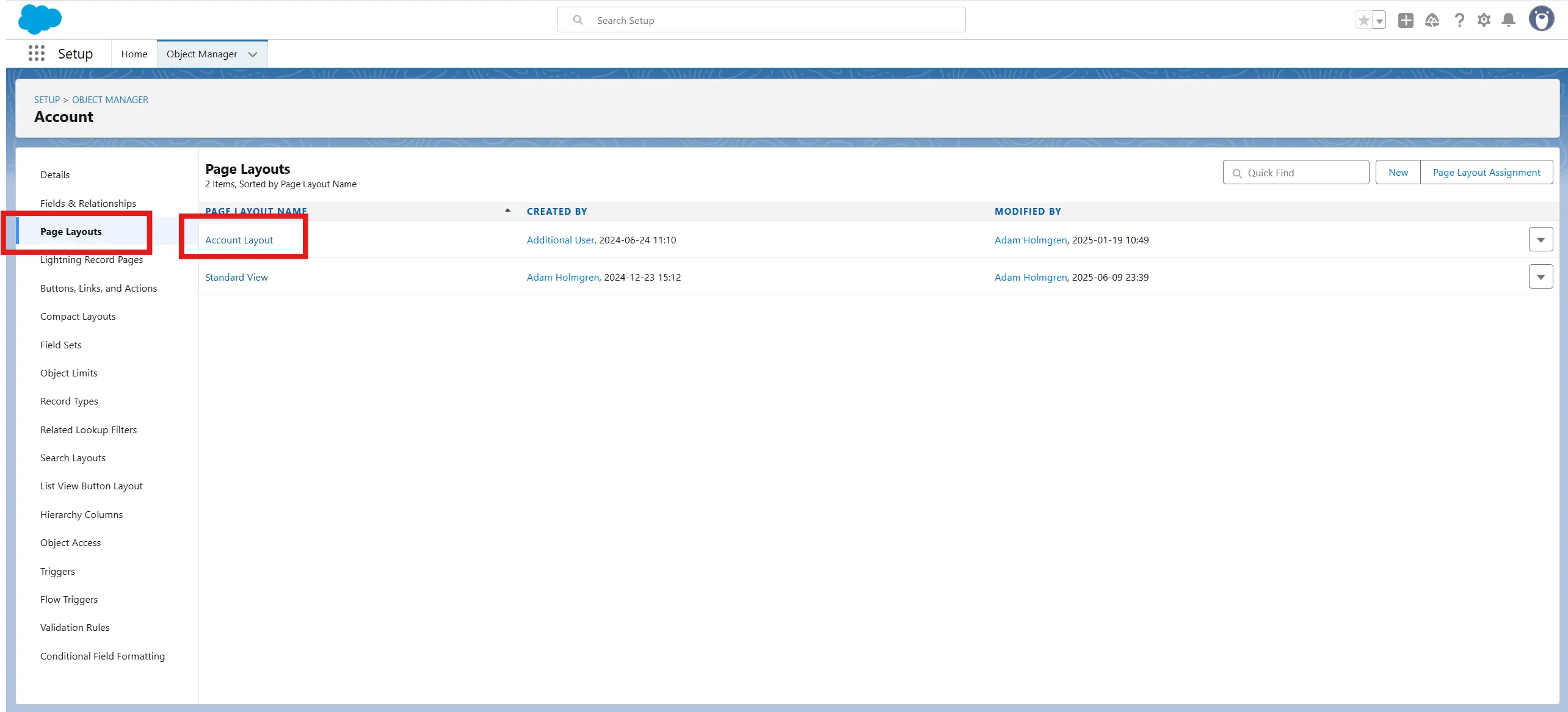 Page Layouts Account selection