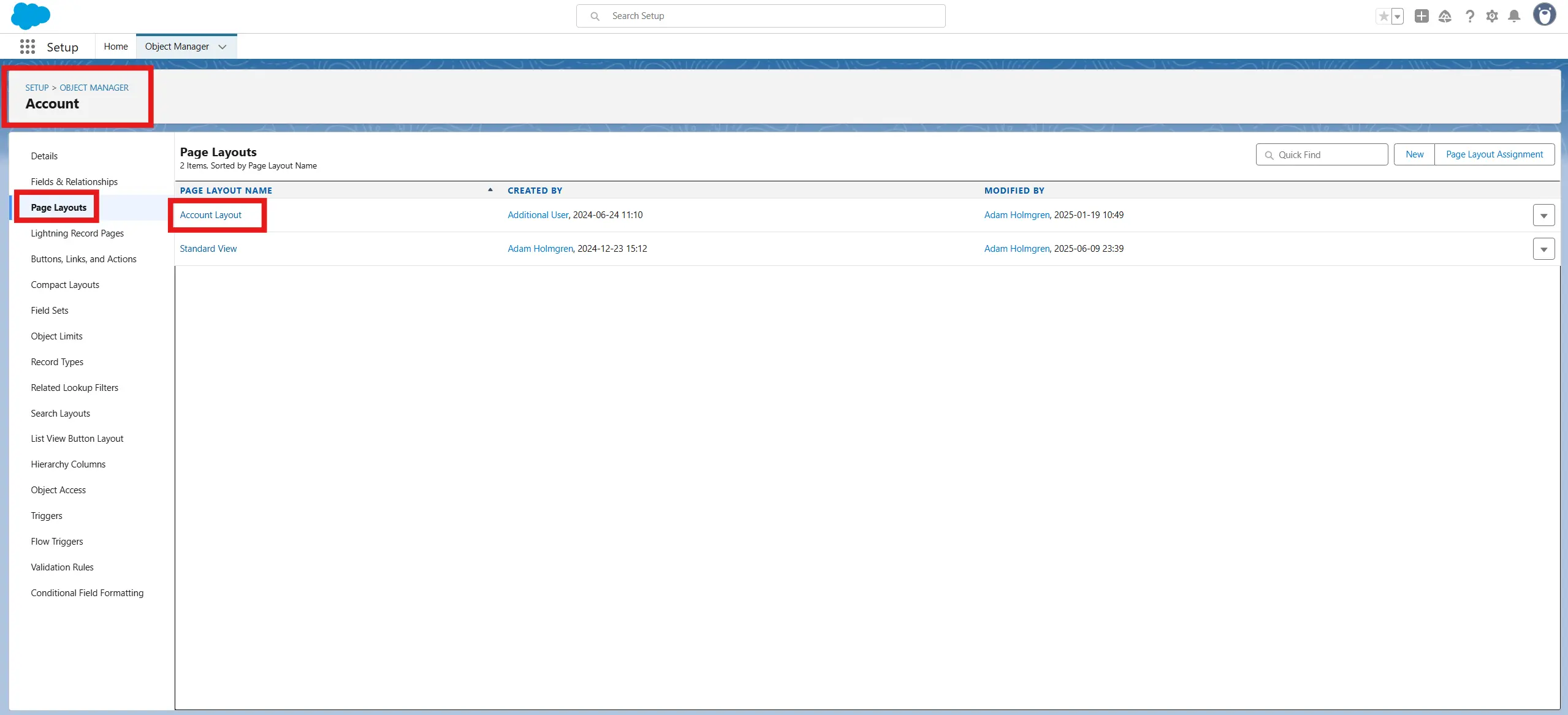 Account Page Layouts selection