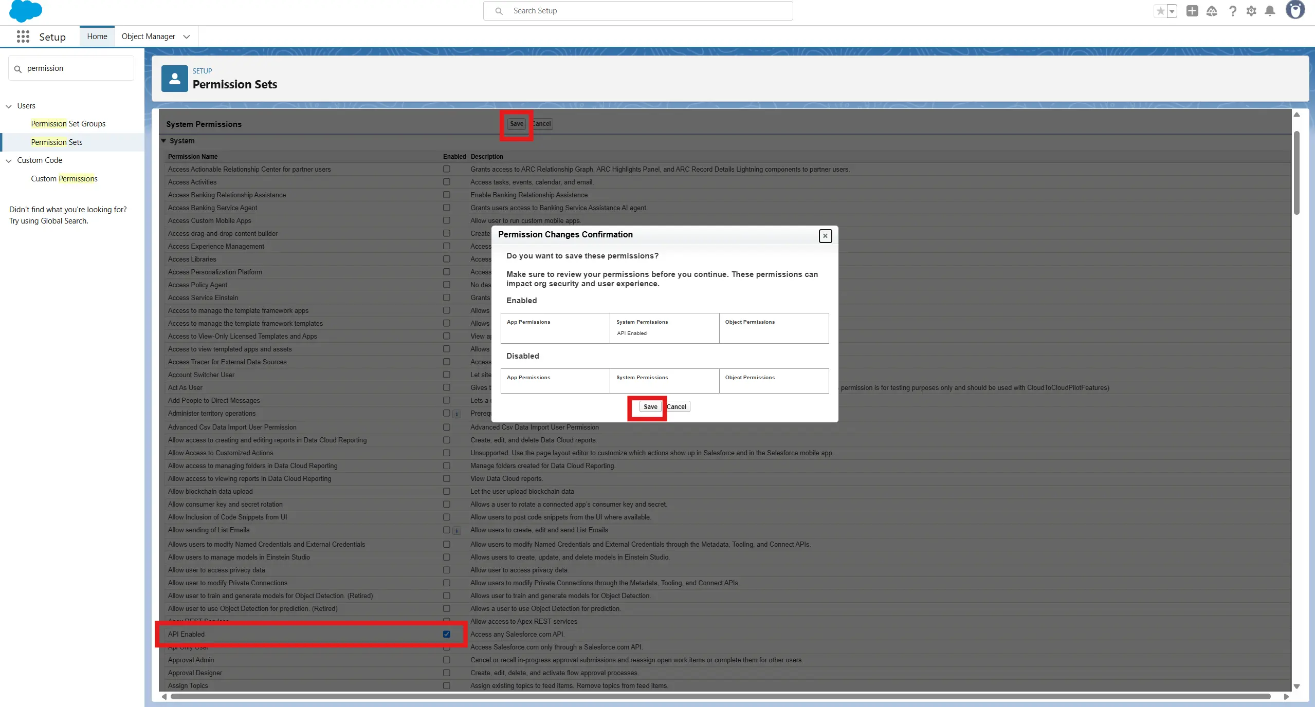 Saving permission changes