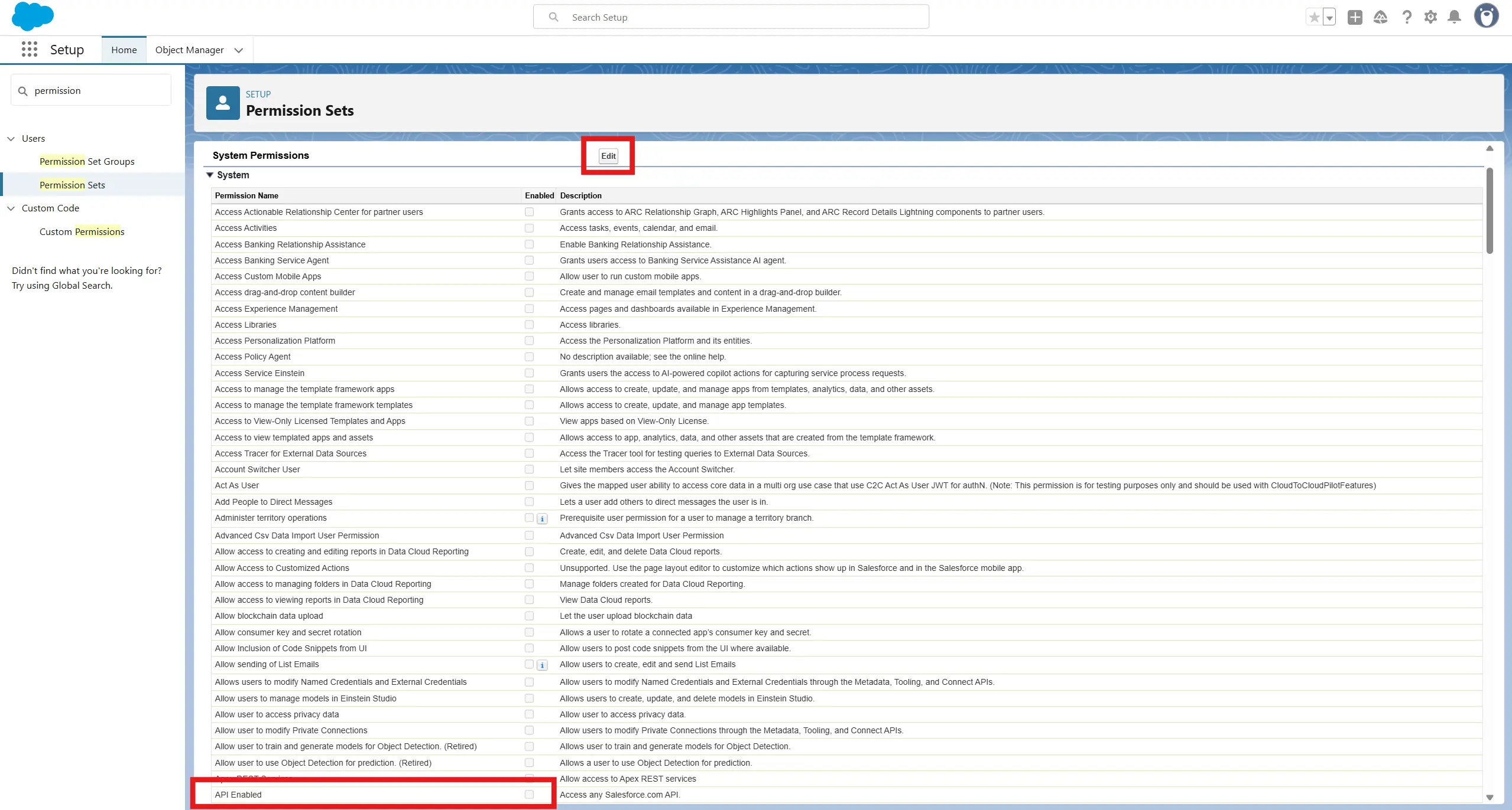 Permission set API Enabled checkbox