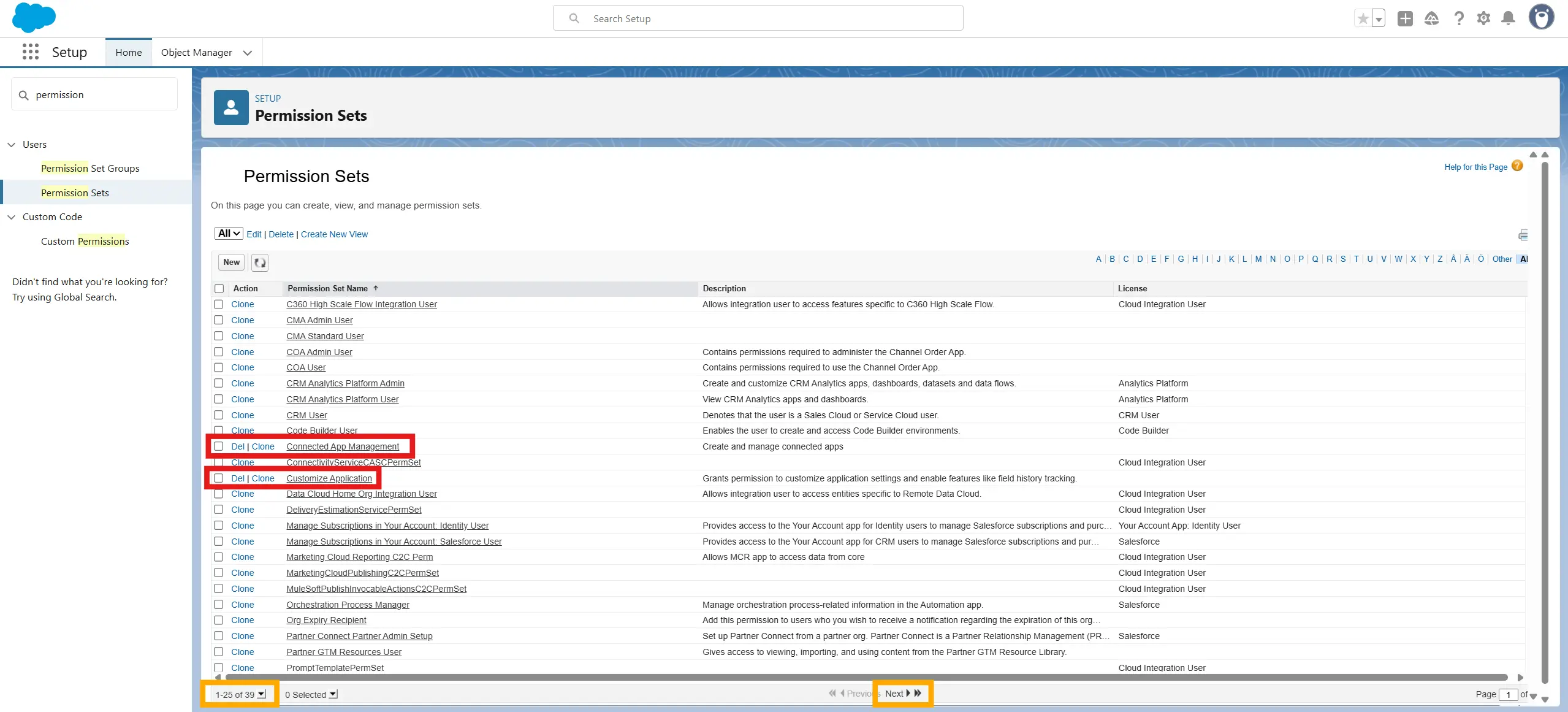 Permission set selection