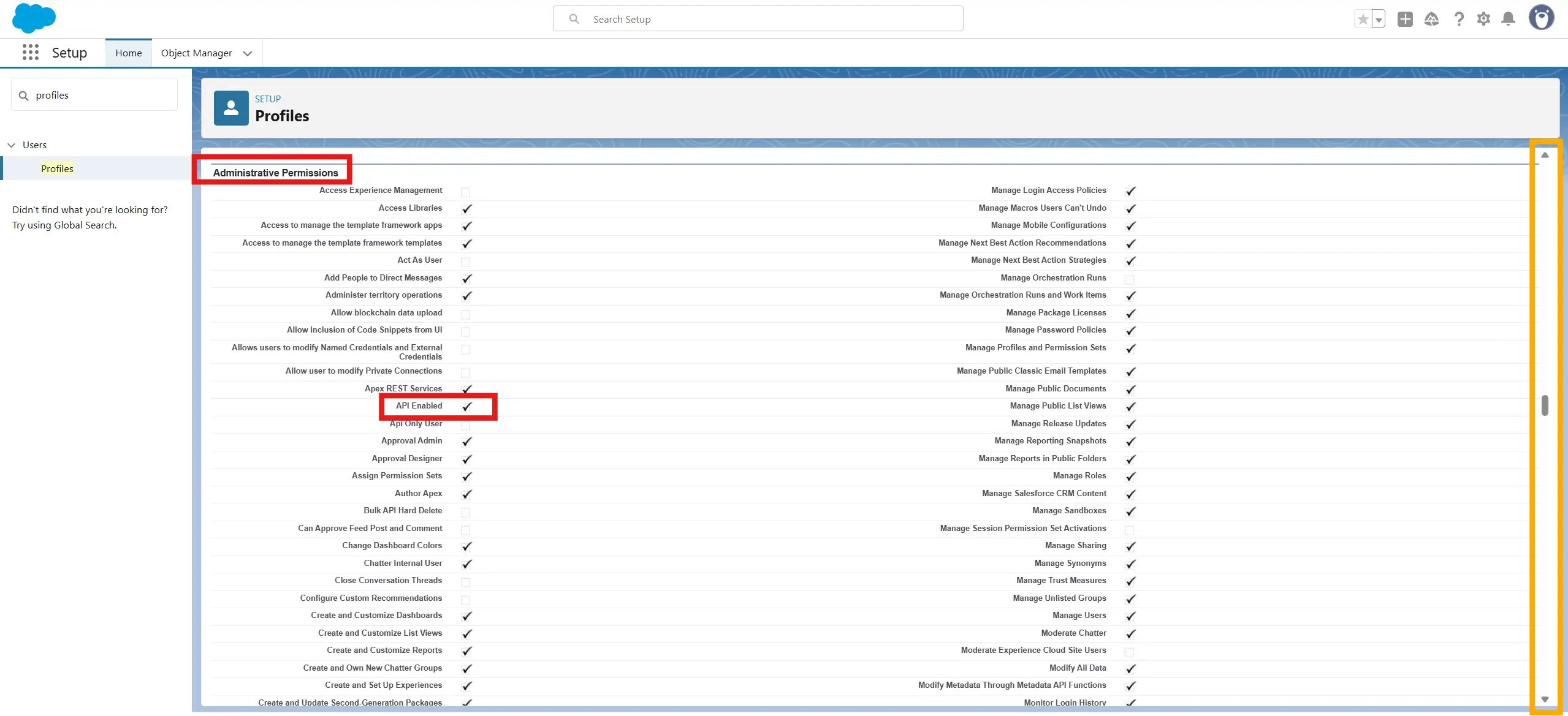 Profile API Enabled checkbox