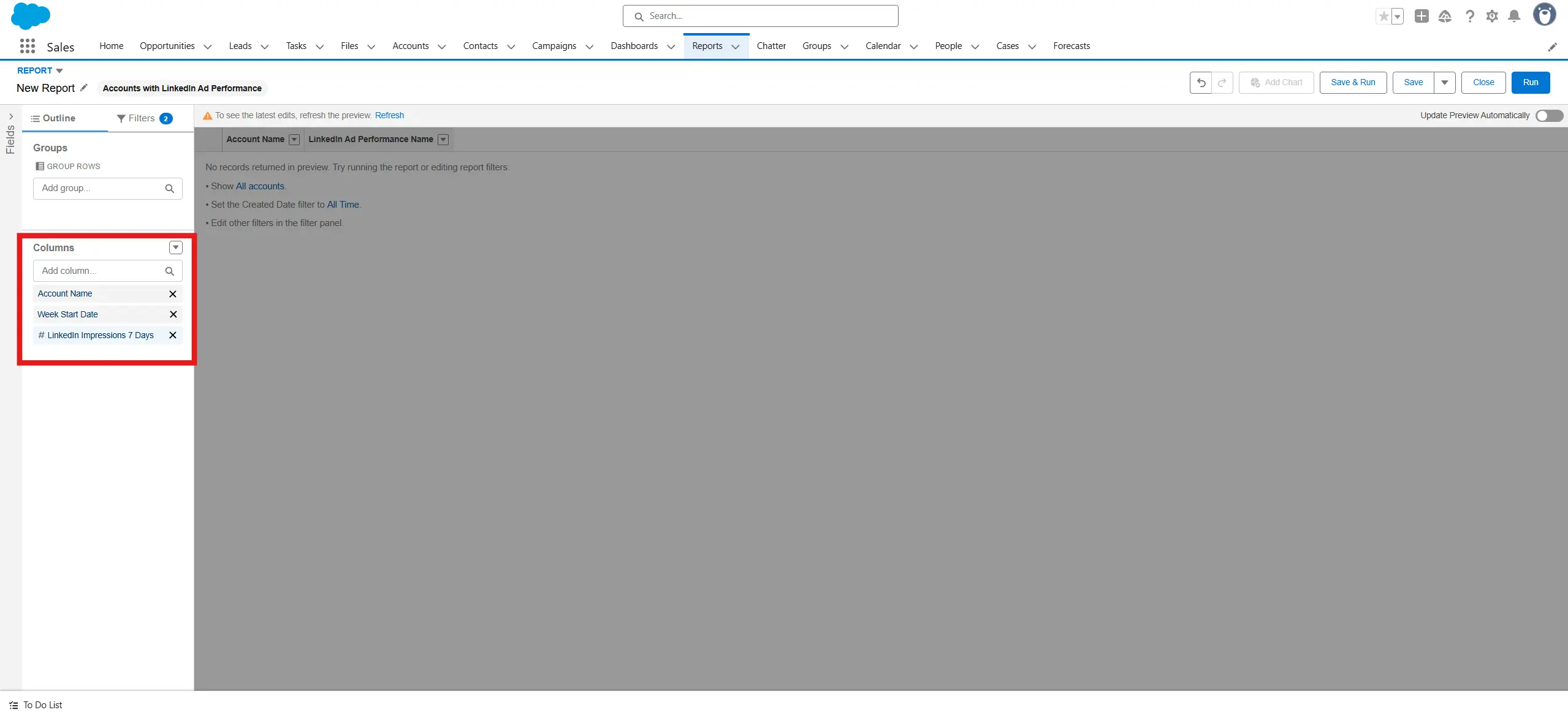 Report Columns selection