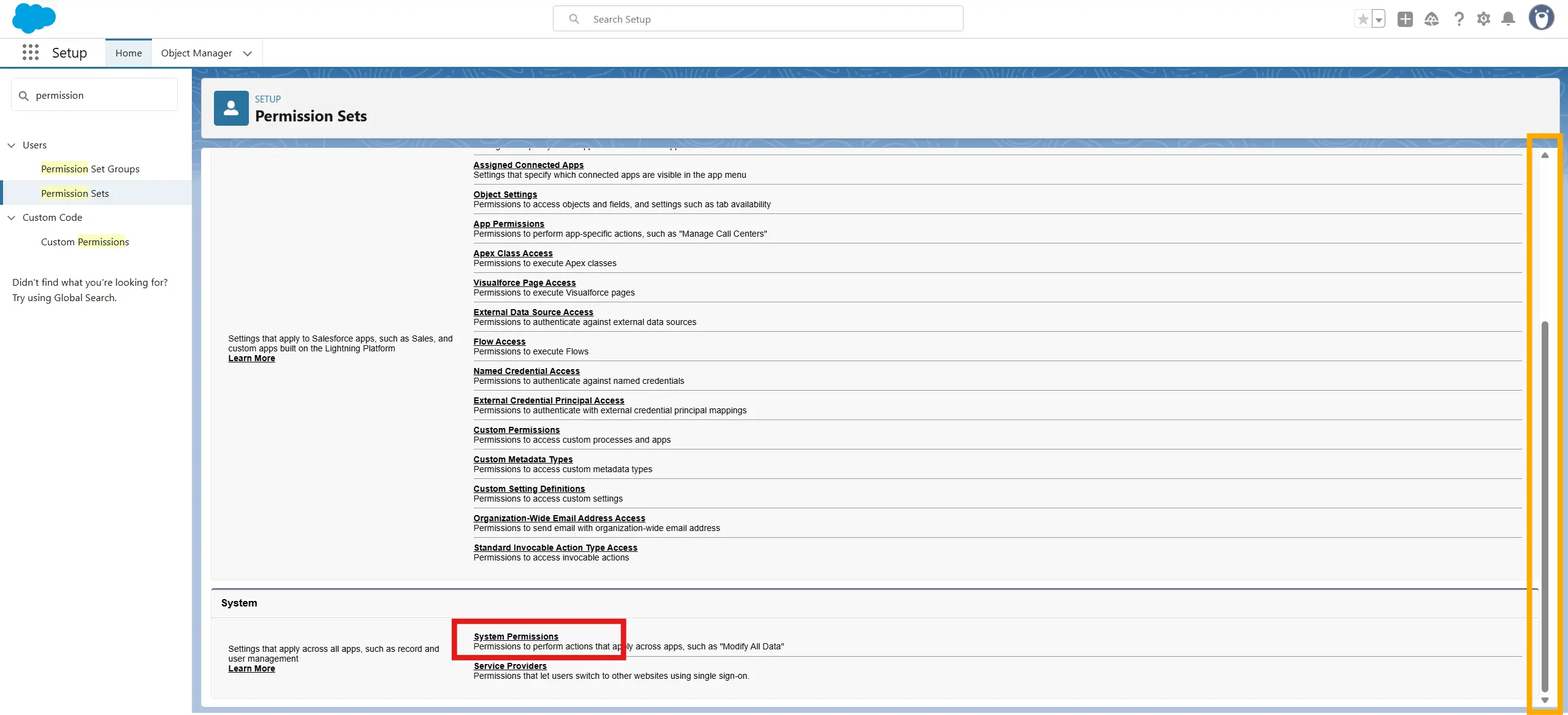 System Permissions section