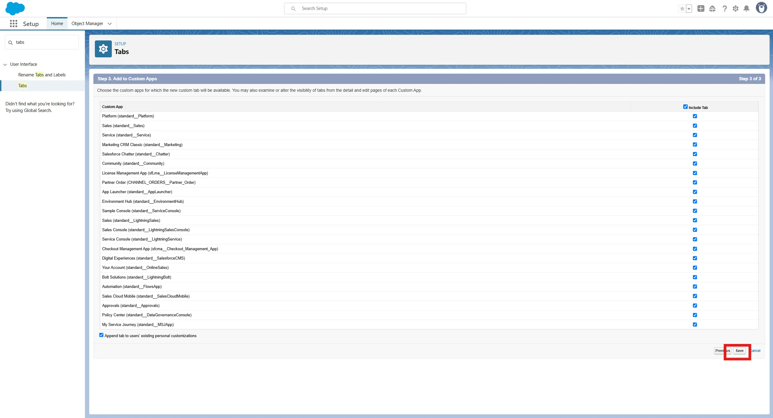 Saving tab configuration