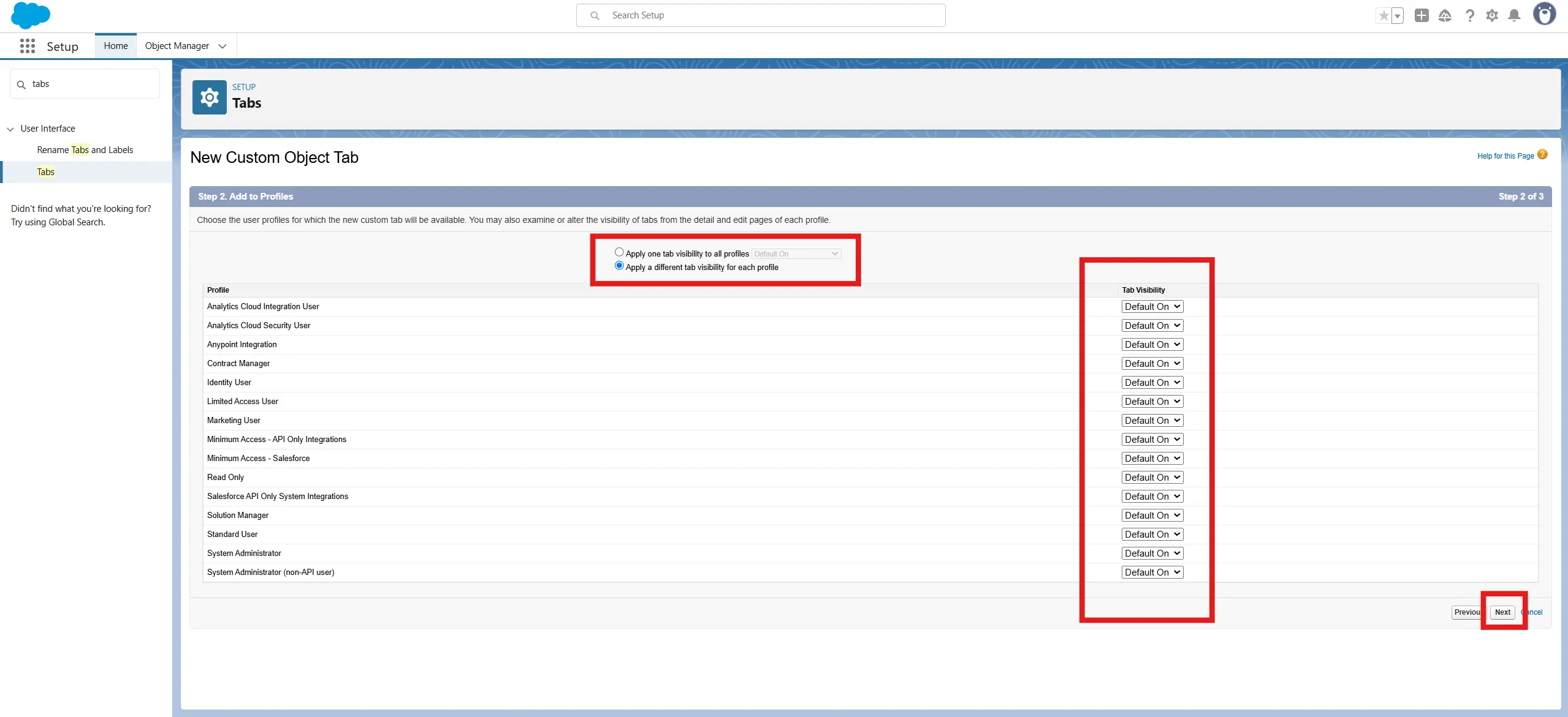 Tab user visibility configuration